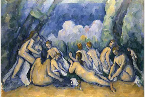 Die badenden Frauen entspannen sich in einer Waldlichtung. Ihre Körper sind in warmen Gelb- und kühlen Blautönen gemalt, umgeben von üppigem Grün.