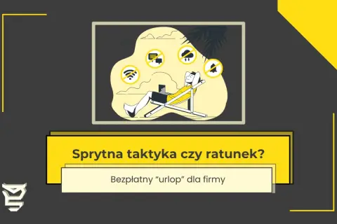 Człowiek na leżaku z laptopem, otoczony ikonami symbolizującymi zawieszenie działalności: brak Wi-Fi, wiadomości, deszczu i dzwonka.