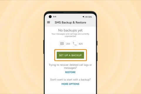 Aplikacja SMS Backup & Restore pokazuje brak kopii zapasowych. Kliknij "SET UP A BACKUP", aby zabezpieczyć swoje dane.