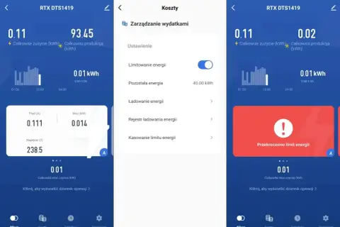 Aplikacja pokazuje bilansowanie energii z fotowoltaiki. Widoczne zużycie, produkcja i pozostała energia. Ostrzeżenie o przekroczeniu limitu energii.
