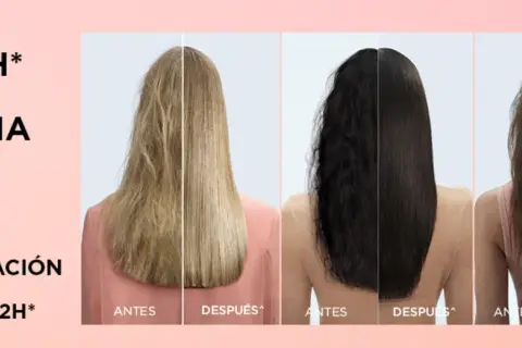 Tres mujeres muestran su cabello antes y después de un tratamiento de keratina, logrando un liso perfecto y duradero.