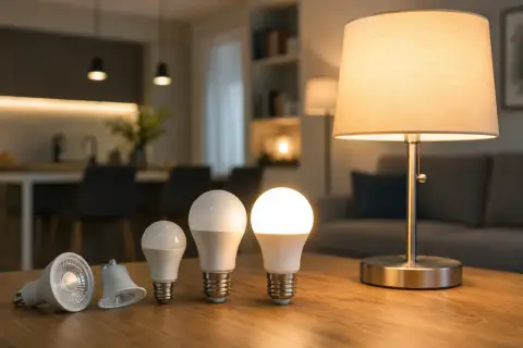Różne żarówki LED na drewnianym stole. Zastanawiasz się, ile lumenów ma żarówka 75W?
