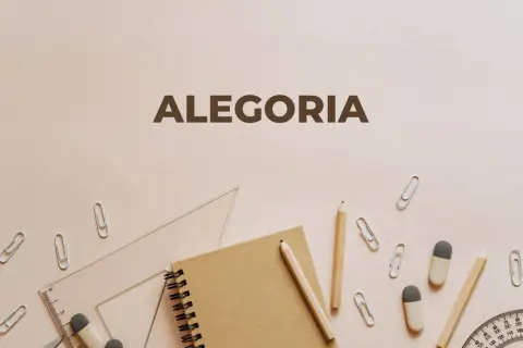 Szkolne przybory, jak ołówek i linijka, tworzą symboliczne tło dla napisu "ALEGORIA", sugerując, że wiedza i nauka to klucz do zrozumienia ukrytych znaczeń.