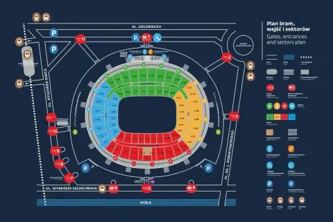 Plan PGE Narodowy: roztanczony tłum znajdzie tu bramy, wejścia i sektory. Kolorowe oznaczenia ułatwiają orientację.