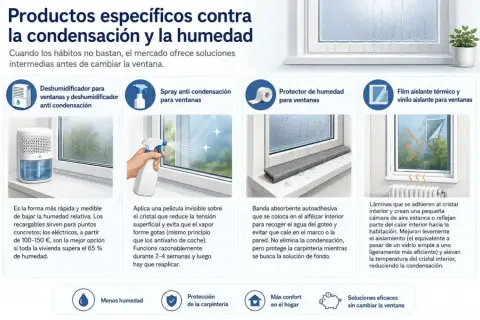 Soluciones para combatir el aire saturado: deshumidificador, spray anti condensación, protector de humedad y film aislante para ventanas.
