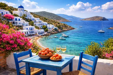 Un perfecto día de viaje a las islas griegas: mesa azul con fruta y vino, frente a un mar turquesa y casas blancas en la ladera.