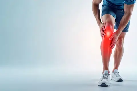 Mężczyzna trzyma się za nogę, odczuwając ostry **ból nogi pod kolanem**. Czerwony obszar podkreśla problem.