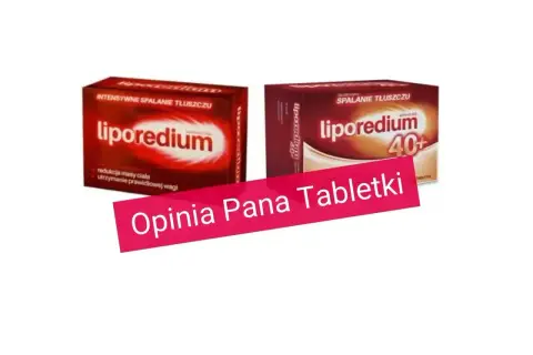 Dwa opakowania Liporedium, suplementu diety na odchudzanie. Na pierwszym planie różowy pasek z napisem "Opinia Pana Tabletki".