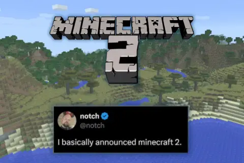 Grafika z napisem "MINECRAFT 2" i tweetem Notch'a: "I basically announced minecraft 2." na tle krajobrazu z gry.