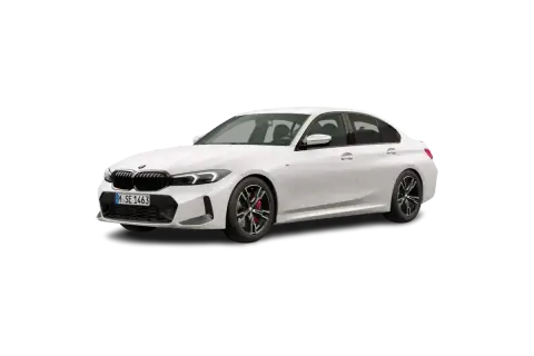 Białe BMW 318i z czarnym grillem i felgami, z czerwonymi zaciskami hamulcowymi.
