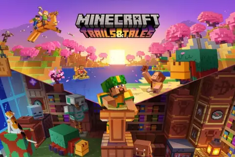Postacie z Minecraft 1.20 Trails & Tales eksplorują świat pełen różowych drzew, jezior i bibliotek.