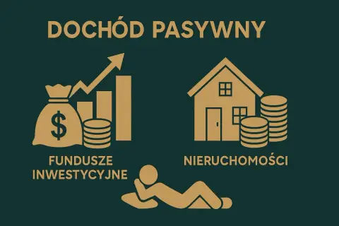 Grafika ilustruje dochód pasywny: worek z dolarem, wykres wzrostu, monety, dom i osoba odpoczywająca.