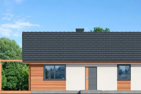 Nowoczesny dom w kruszczykach 10 z drewnianą elewacją i dużymi oknami, otoczony zielenią.