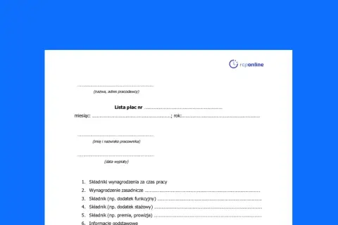 Formularz lista płac z polami do wypełnienia: nazwa pracodawcy, miesiąc, rok, imię i nazwisko pracownika, data wypłaty, składniki wynagrodzenia.