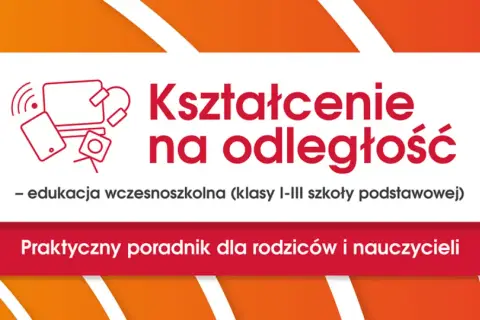 Grafika z ikonami komputera i telefonu, tekstem "Kształcenie na odległość" i napisem "Praktyczny poradnik".
