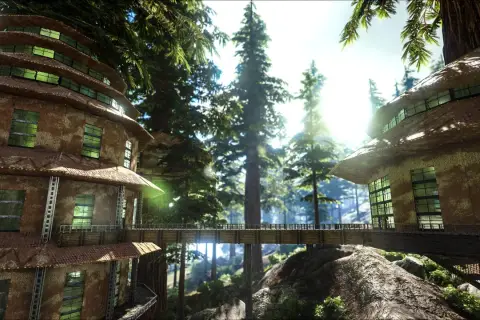 Wysokie, wielopoziomowe budowle w lesie, połączone mostem. Idealne dla graczy, którzy chcą poznać ark survival evolved wymagania.