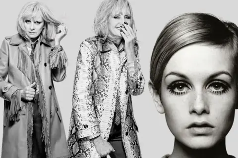Tres imágenes de Twiggy: una con abrigo de flecos, otra con abrigo estampado y un primer plano icónico de su rostro.