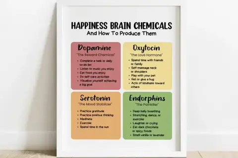 Plakat "HAPPINESS BRAIN CHEMICALS" opisuje dopaminę, oksytocynę, serotoninę i endorfiny. Oksytocyna, "hormon szczęścia", jest produkowana przez bliskość z bliskimi.