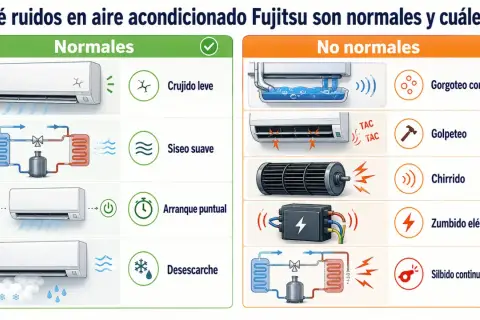 El aire acondicionado Fujitsu puede hacer ruidos. El agua goteando es normal, pero un silbido continuo o gorgoteo no lo es.