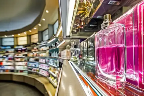 Elegancka butelka różowych perfum na półce sklepowej. Klik i pachniesz opinie o tym zapachu są zachęcające.
