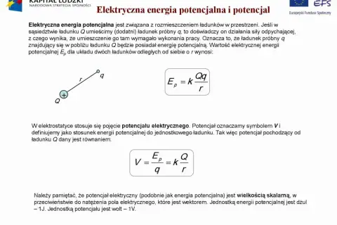 Potencjał elektryczny opisuje energię potencjalną ładunku próbnego w polu elektrycznym. Wzór V = kQ/r pokazuje zależność potencjału od ładunku i odległości.