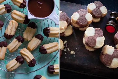 Två sorters annorlunda småkakor: chokladdoppade och schackrutiga. En härlig syn för alla fikasugna!
