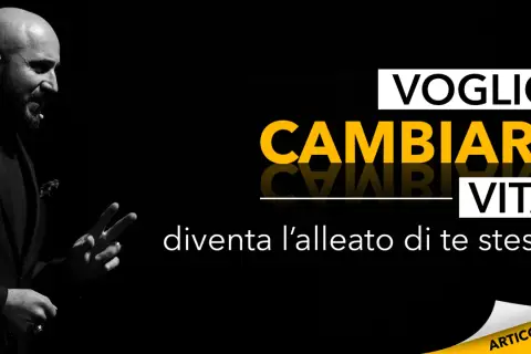 Uomo con gesto deciso, testo "VOGLIO CAMBIARE VITA" e "diventa l'alleato di te stesso".