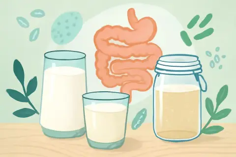 Czy kefir jest zdrowy? Ilustracja przedstawia jelita i żołądek, obok szklanki mleka i słoik z kefirem, sugerując jego korzystny wpływ na trawienie.