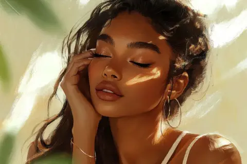 Ritratto di donna con luce solare sul viso, labbra carnose e ciglia lunghe, un esempio di come truccare per un look naturale e radioso.