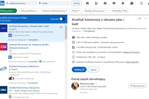 Szukasz pracy jako analityk biznesowy? LinkedIn to platforma, gdzie znajdziesz oferty pracy, np. analityk biznesowy z obszaru płac i kadr.