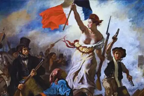 Wolność prowadząca lud, z flagą Francji, symbolizuje, że **liberté co to znaczy** – walkę o wolność i prawa.