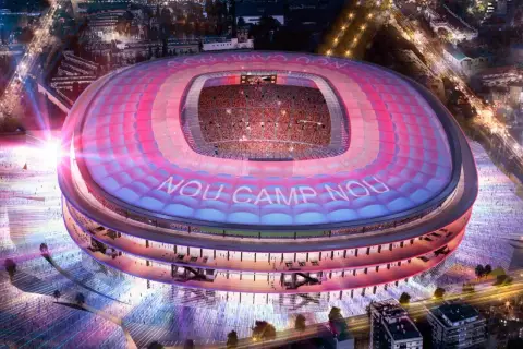 Wizualizacja stadionu po remoncie Camp Nou, z widownią i napisem "NOC CAMP NOU" na dachu.