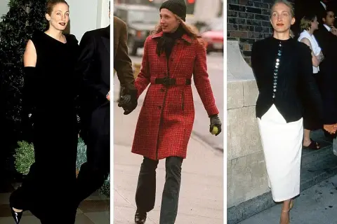Carolyn Bessette-Kennedy luce elegante en tres atuendos: uno negro, uno rojo y uno blanco con negro.