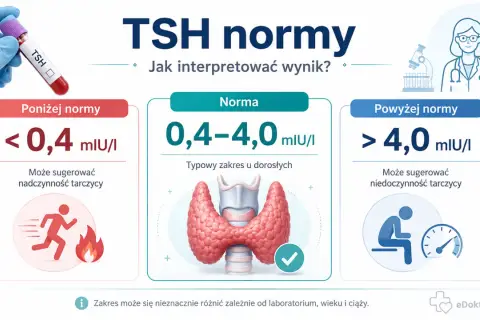 Wyniki TSH: poniżej normy (<0,4 mIU/I) sugerują nadczynność tarczycy, powyżej normy (>4,0 mIU/I) niedoczynność. Norma to 0,4-4,0 mIU/I.