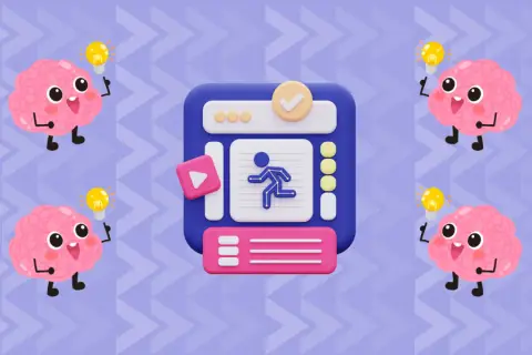 Uroczy cartoon z mózgami trzymającymi żarówki, symbolizującymi pomysły, otacza ekran z biegnącą postacią.
