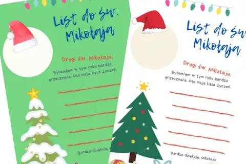 Dwie karty pracy "List do św. Mikołaja" z miejscem na życzenia i rysunkami choinek i czapki Mikołaja.