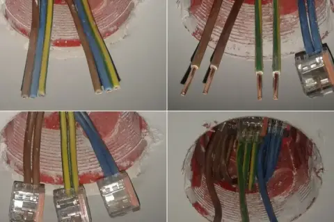 Instalacja elektryczna: różne rodzaje kabli wychodzą z puszki, gotowe do podłączenia. Jaki kabel do gniazdek? Tu widać przewody fazowe, neutralne i ochronne.