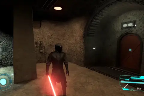 Postać w czarnym stroju z czerwonym mieczem świetlnym, w mrocznym korytarzu, przypomina początki **star wars genesis**.