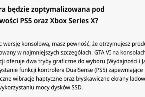 Optymalizacja GTA VI na PS5 i Xbox Series X. Premiera gry w 2026 roku zaoferuje tryby graficzne, wibracje haptyczne i szybkie ładowanie.