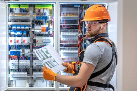 Elektryk z uprawnieniami SEP G1 sprawdza schemat przy rozdzielnicy elektrycznej.