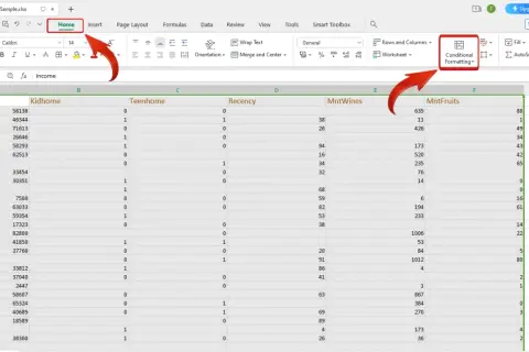 Excel: podświetlenie komórki jeżeli dane spełniają kryteria. Widok arkusza z zaznaczoną opcją "Conditional Formatting".
