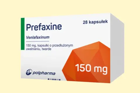 Opakowanie leku Prefaxine (wenlafaksyna) 150 mg, kapsułki o przedłużonym uwalnianiu, twarde. Pomoc w radzeniu sobie z załamaniem nerwowym.