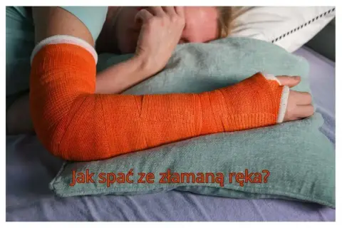 Osoba leży w łóżku z ręką w pomarańczowym gipsie. Tekst na poduszce pyta: "Jak spać z ręką w gipsie?".