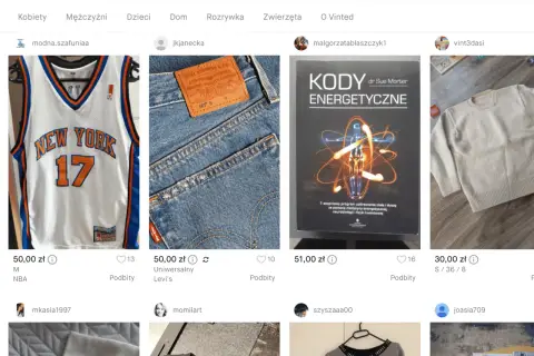 Sprzedaż ubrań używanych przez internet: koszulka NBA, jeansy Levi's, sweter.