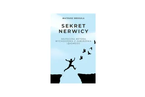 Okładka książki "Sekret Nerwicy" Mateusza Breguły. Sylwetka człowieka skacze przez przepaść, symbolizując etapy wychodzenia z nerwicy.