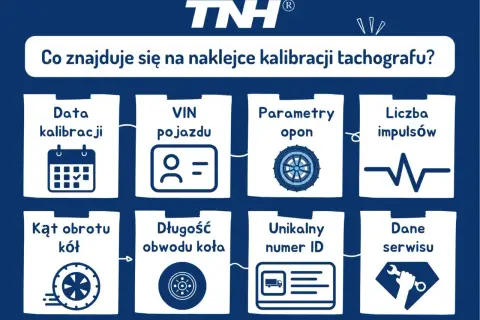 Naklejka kalibracji tachografu zawiera: datę, VIN pojazdu, parametry opon, liczbę impulsów, kąt obrotu kół, obwód koła, unikalny numer ID i dane serwisu.