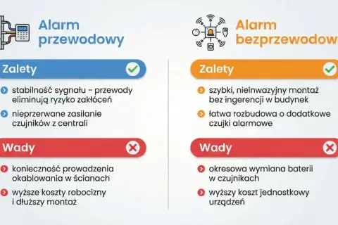 Porównanie alarmów: przewodowy (stabilny, zasilany z centrali) vs bezprzewodowy (szybki montaż, łatwa rozbudowa). Dowiedz się, jak uzbroić alarm w domu.