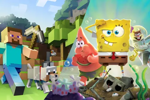 Steve z Minecrafta i Spongebob z przyjaciółmi – idealne gry na Xbox One dla dzieci.