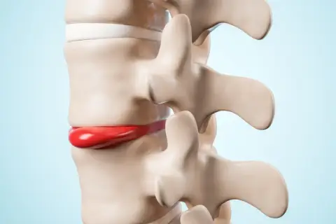 Model kręgosłupa z widoczną czerwoną, wypukłą strukturą, która symbolizuje przepuklinę kręgosłupa.