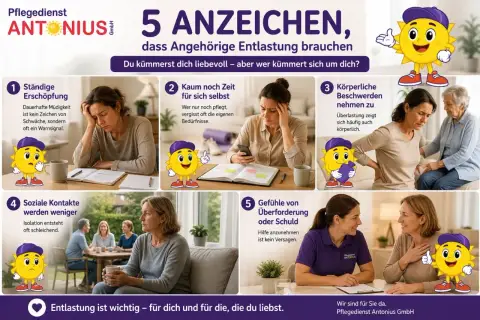 5 Anzeichen, dass Angehörige Entlastung brauchen: Ständige Erschöpfung, kaum Zeit für sich, körperliche Beschwerden, weniger soziale Kontakte, Überforderung. Müde? Hilfe ist da.